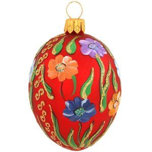 NWT Glass Egg hanging Ornament 3" Red Flowers hand painted Christmas-holiday